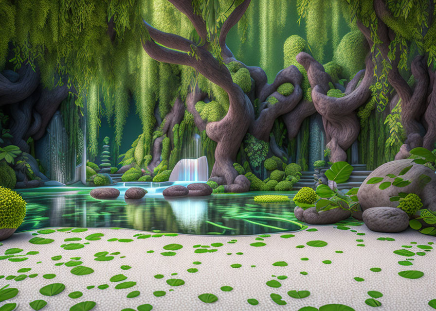 Tranquil forest scene with twisted trees, calm pond, waterfall, lush greenery