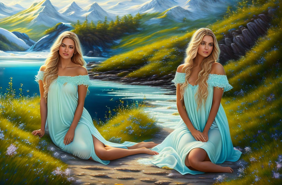 Women in Blue Dresses by Stream in Serene Landscape with Mountains