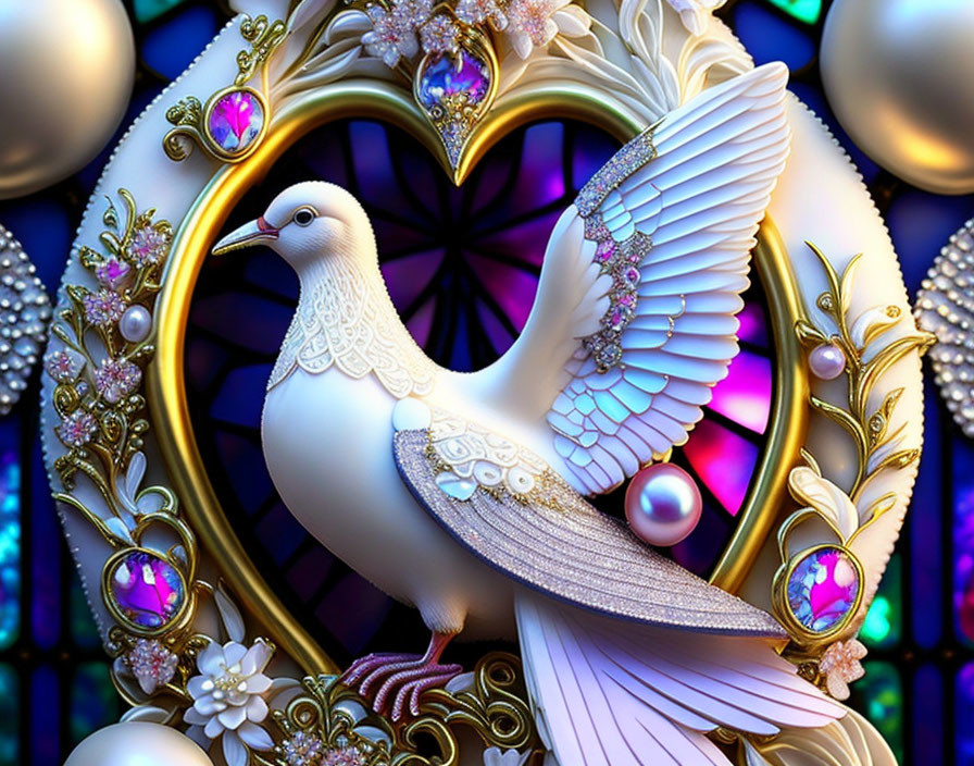 White Dove Digital Artwork in Ornate Heart-Shaped Frame with Jewels & Gold