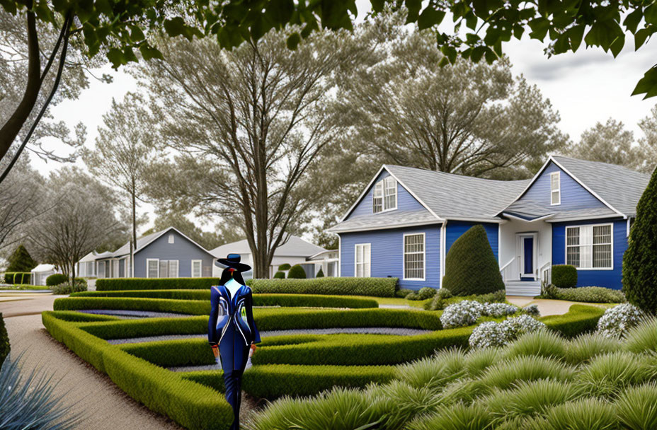 Blue suit person walking by blue house with hedge maze on tree-lined suburban street