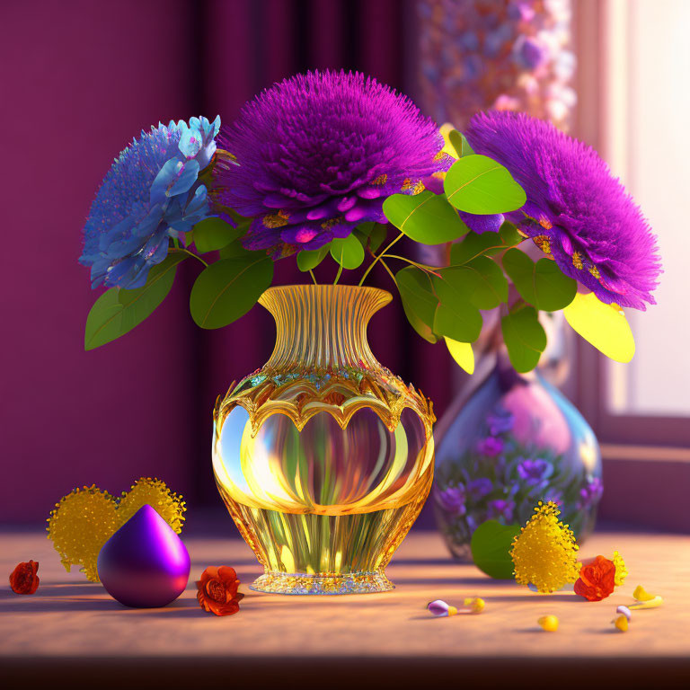 Colorful Still Life: Golden Vase, Purple Flowers, Blue Bloom, Yellow Flowers