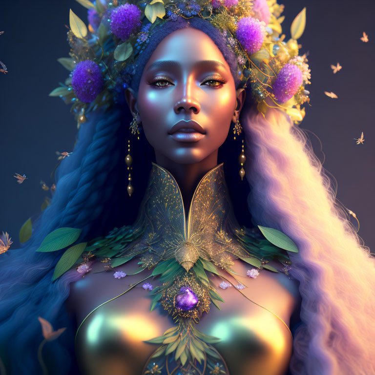Blue-haired ethereal woman with floral crown in dark background