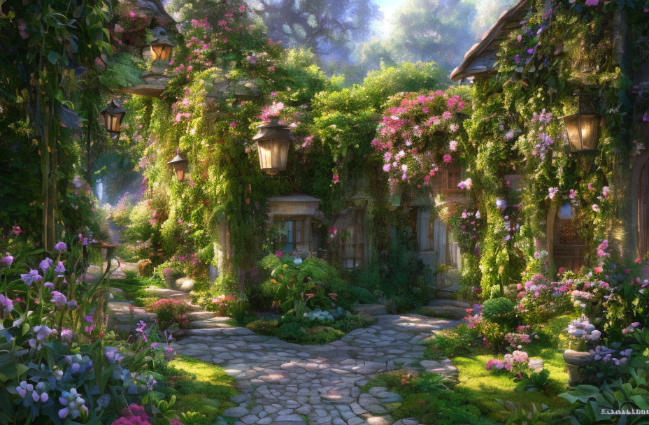 Ivy-covered cottage with colorful flowers and cobblestone path in lush forest garden