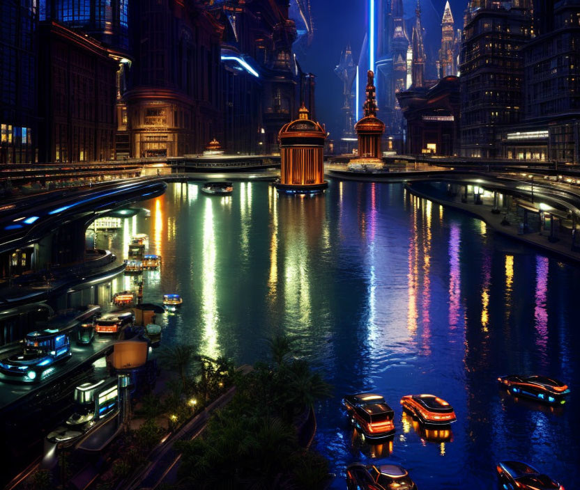 Illuminated futuristic cityscape at night with buildings, bridges, and boats