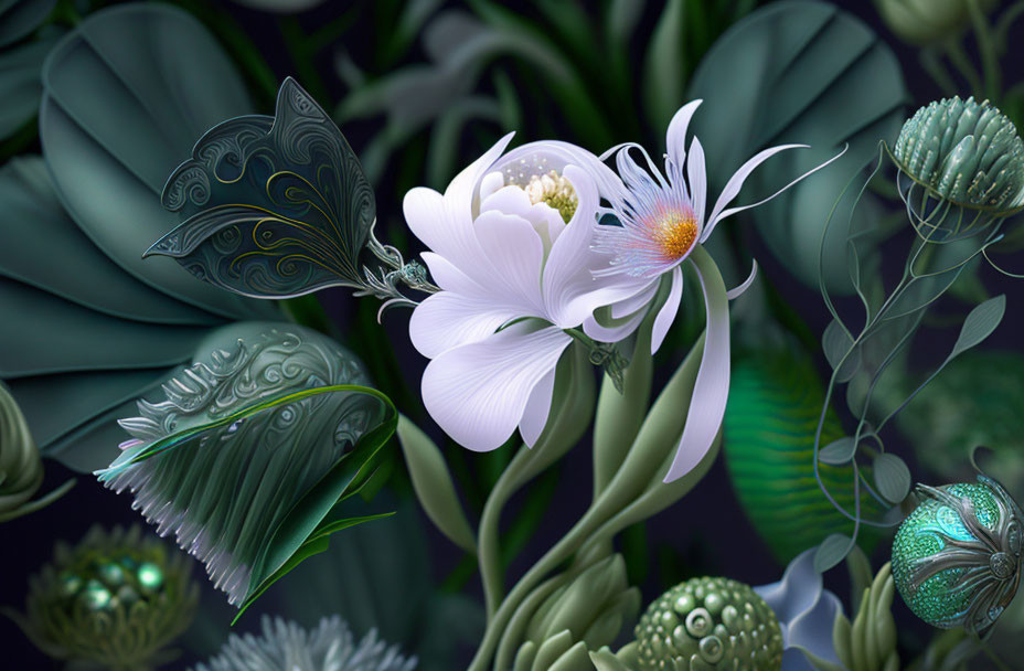 White Flower Digital Artwork with Intricate Leaves and Decorative Elements
