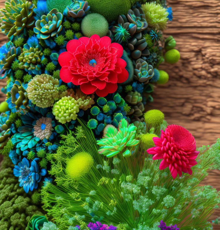 Colorful artificial succulents and flowers on rustic wooden backdrop