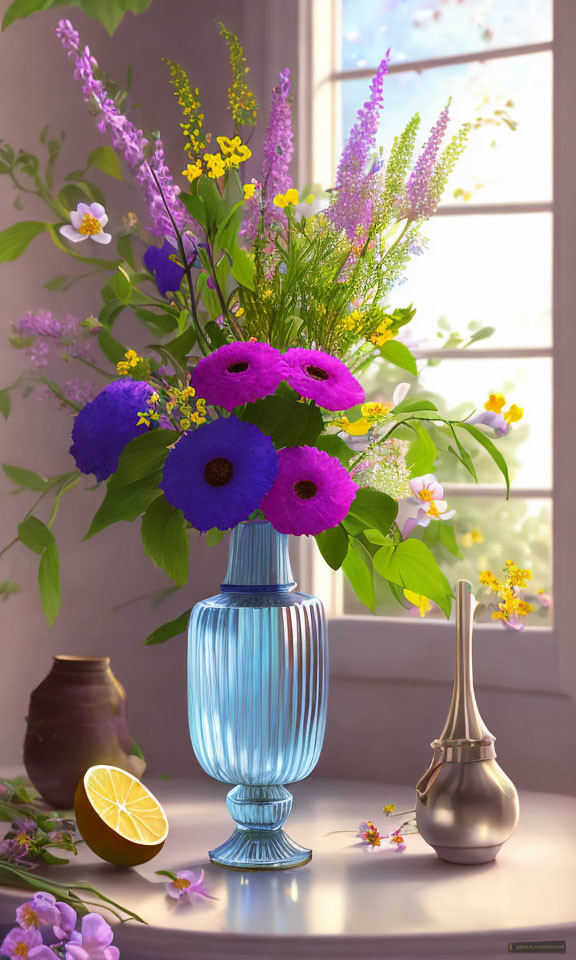 Purple and Yellow Flowers in Ribbed Blue Vase with Sunlight and Lemon