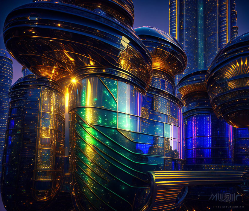 Nighttime futuristic cityscape with spiraling high-rise buildings and neon accents.