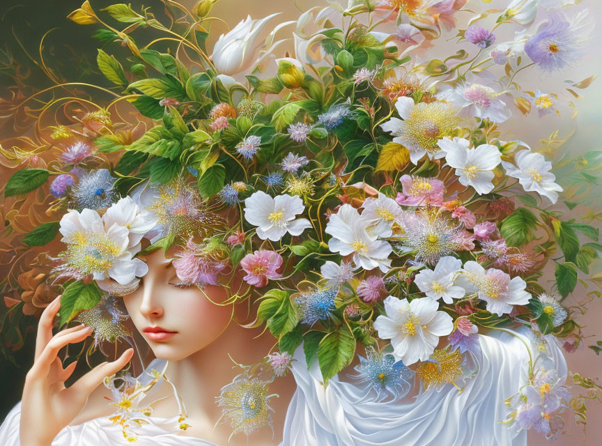 Colorful flower headdress on serene woman