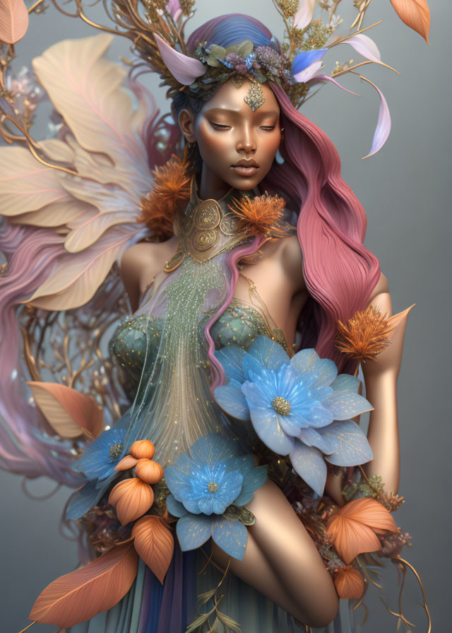 Fantasy figure with blue and pink hair and floral accessories among colorful flowers.