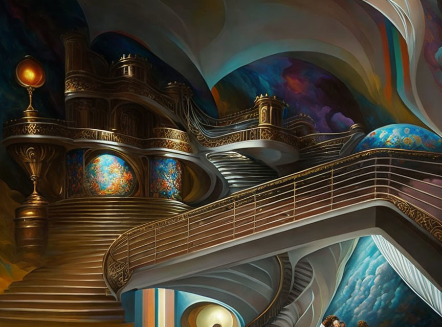 Surreal interior with ornate staircases and vibrant colors