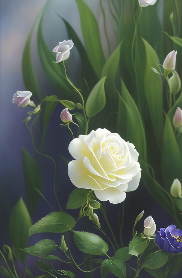 White rose in full bloom with delicate petals and green leaves on gradient background