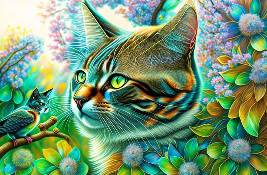 Colorful Digital Artwork: Detailed Cat with Green Eyes in Floral Scene