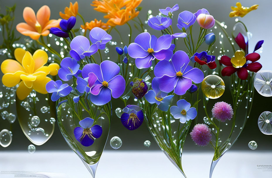 Multicolored Flowers and Dewdrops in Artistic Bouquet Display