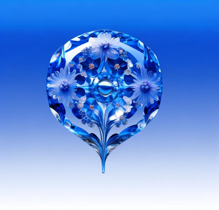 Translucent Blue Glass Paperweight with Floral Patterns on Gradient Blue Background
