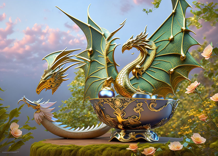 Golden Dragon Sculpture with Emerald Green Wings and Ornate Bowl among Blossoming Flowers and Soft-Lit