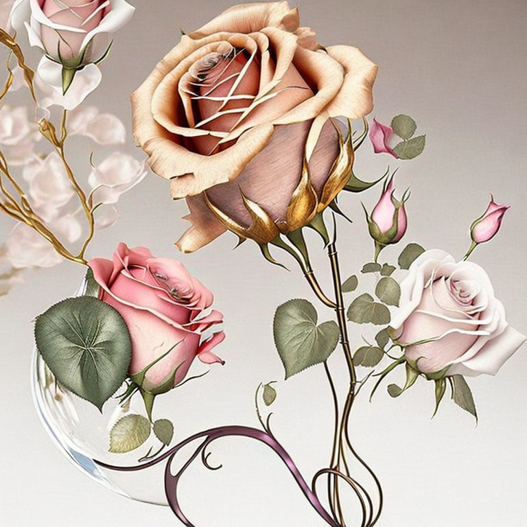 Pastel and Gold Rose Arrangement on Light Background