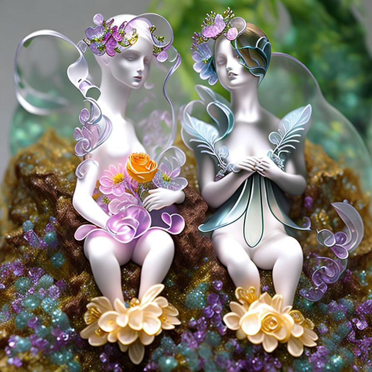 Fantasy figures with elfin features and butterfly wings surrounded by gemstones
