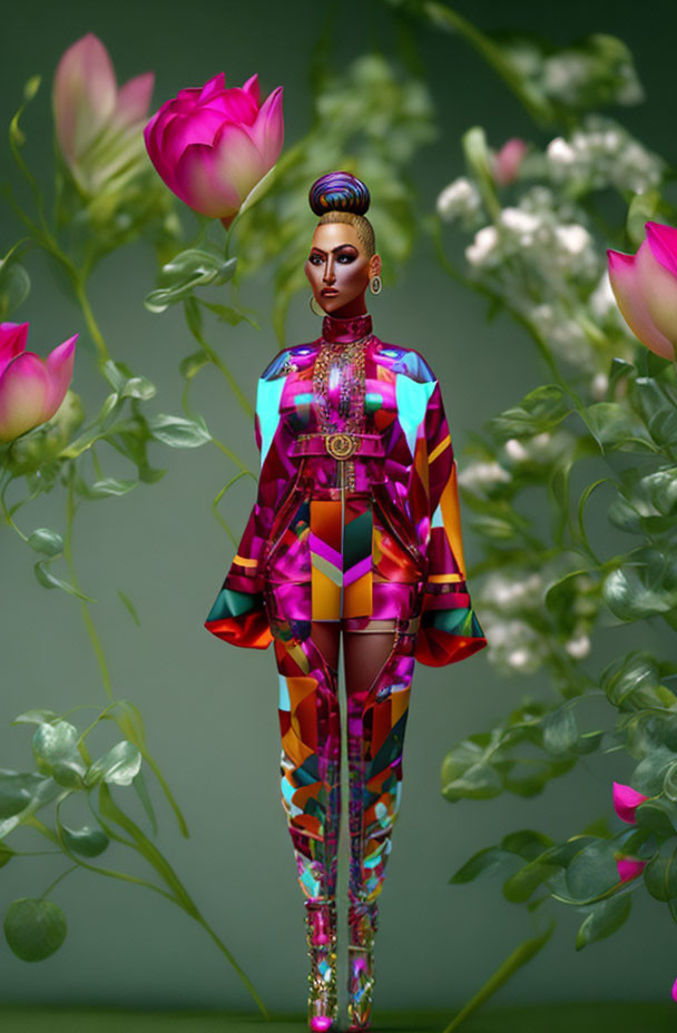 Colorful digital artwork featuring figure with geometric-patterned attire in floral setting