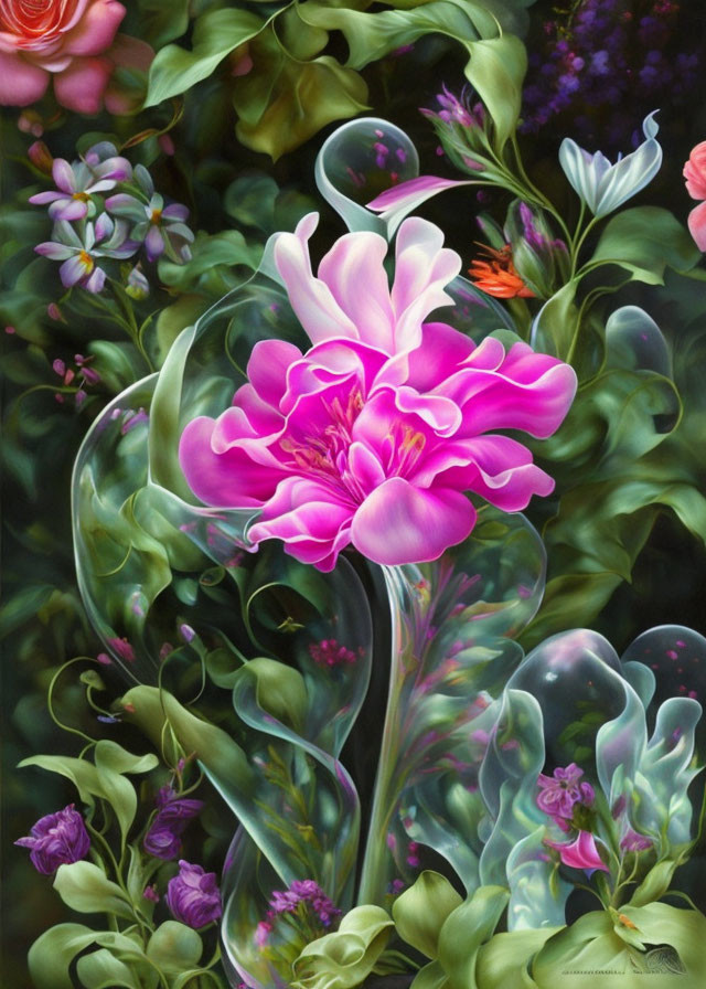 Vibrant pink peony painting with bubbles in lush garden