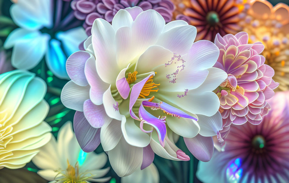 Colorful digital art: Blooming flowers with bee