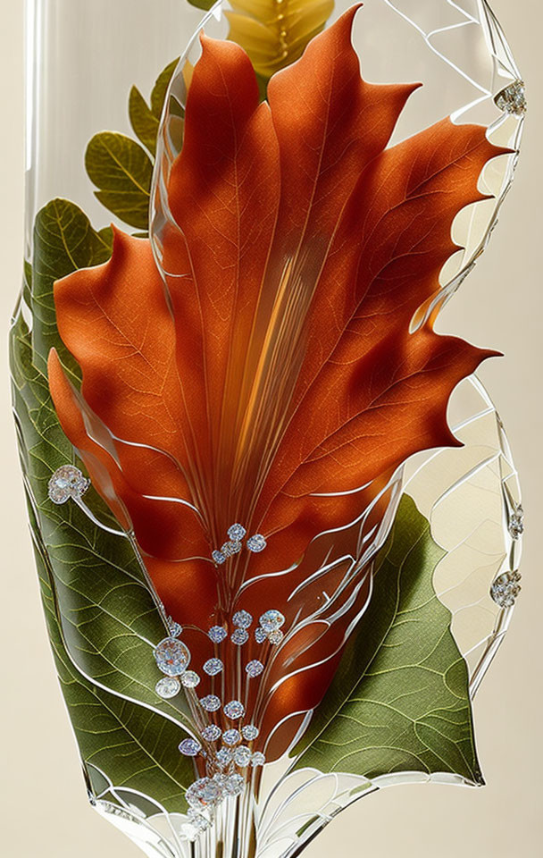 Detailed Leaf Design Glass Vase in Amber and Green Hues