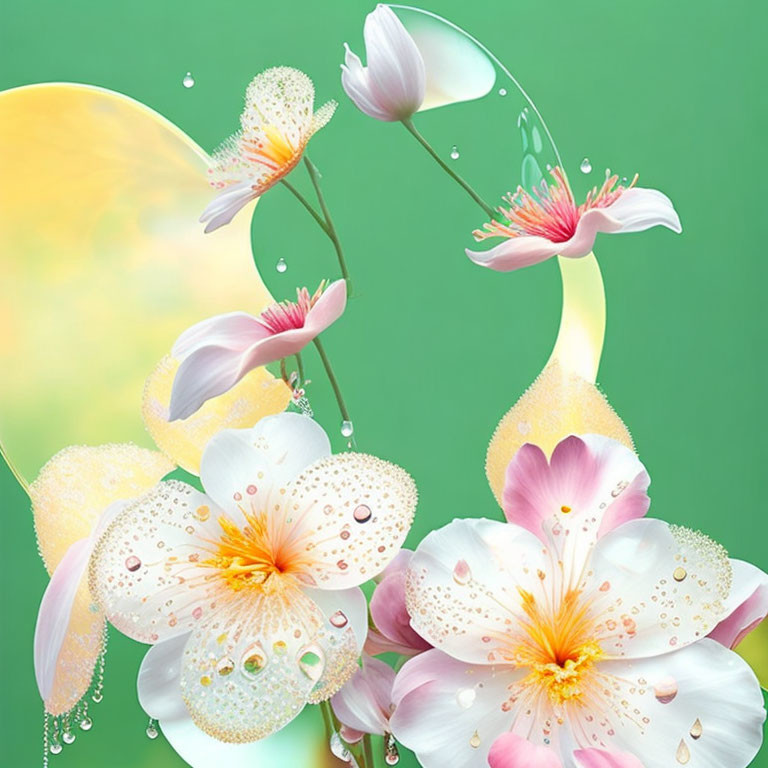 Floral digital art: Petals turning into water splashes on green-yellow gradient.