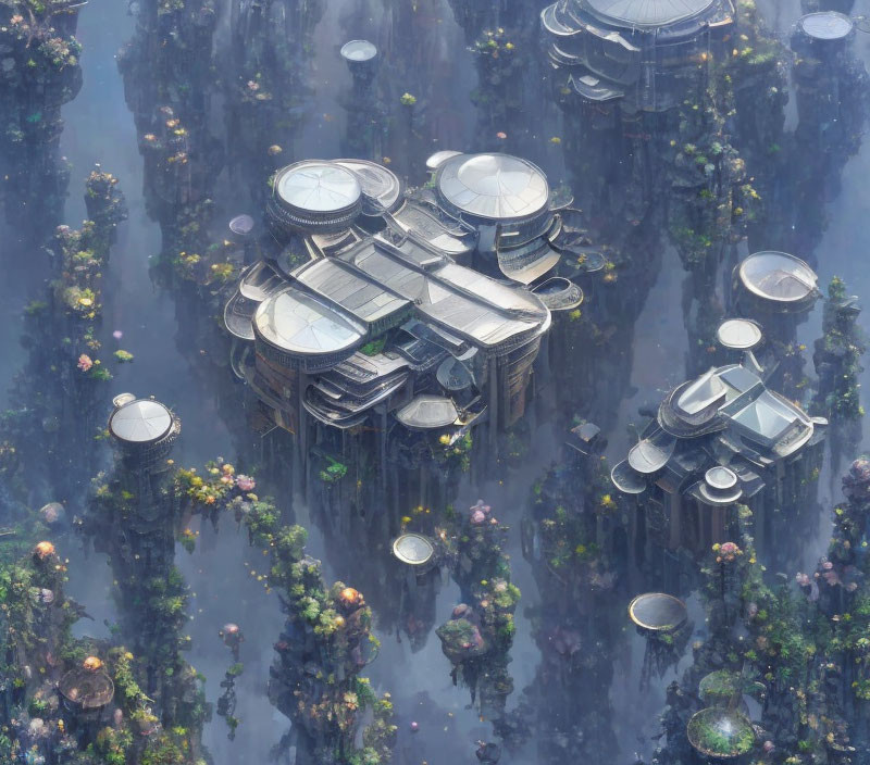 Circular platform floating city with greenery on hazy backdrop