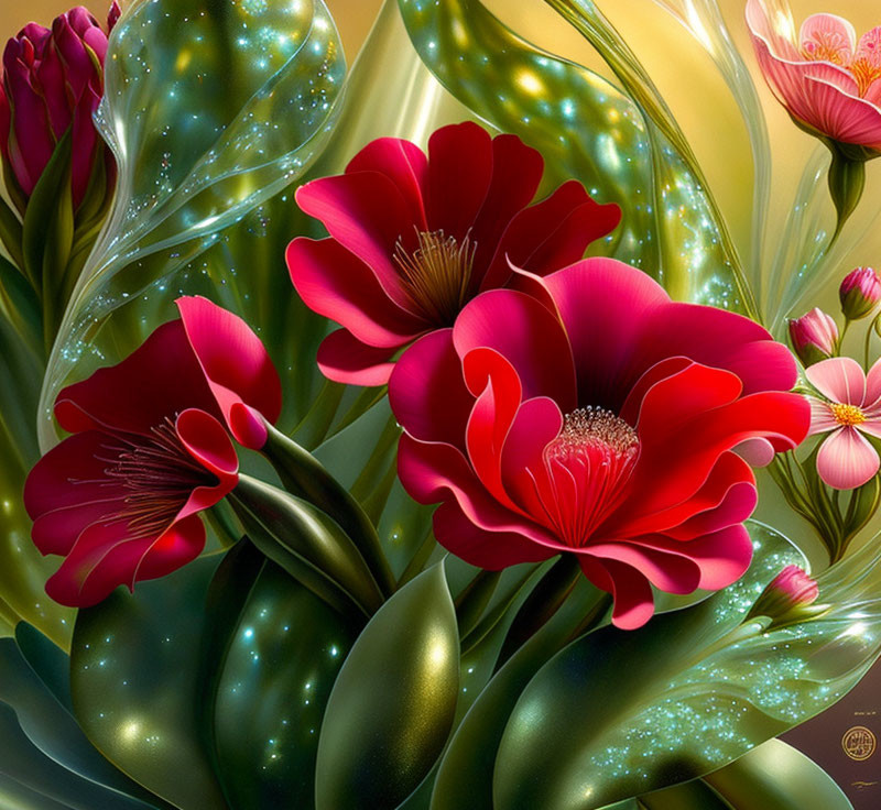 Colorful digital artwork: red flowers, green leaves, and shimmering lights