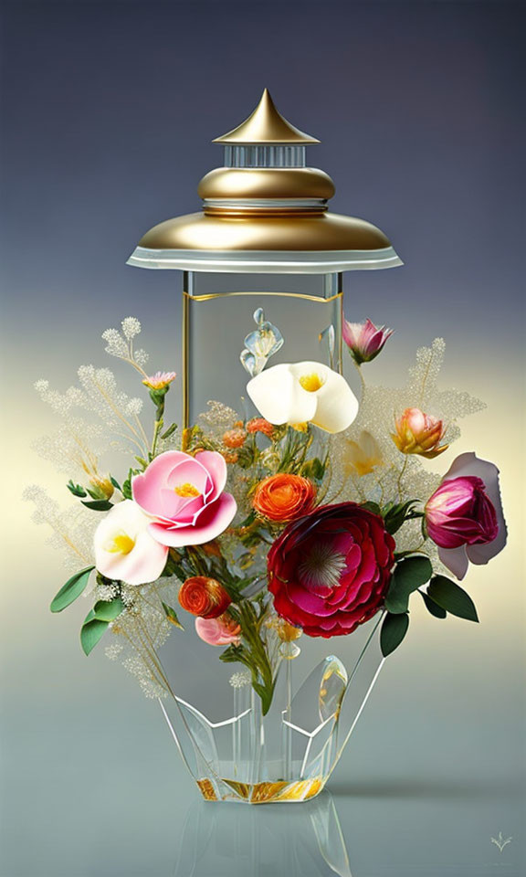 Intricate Gold Lantern with Illuminated Flowers and Foliage