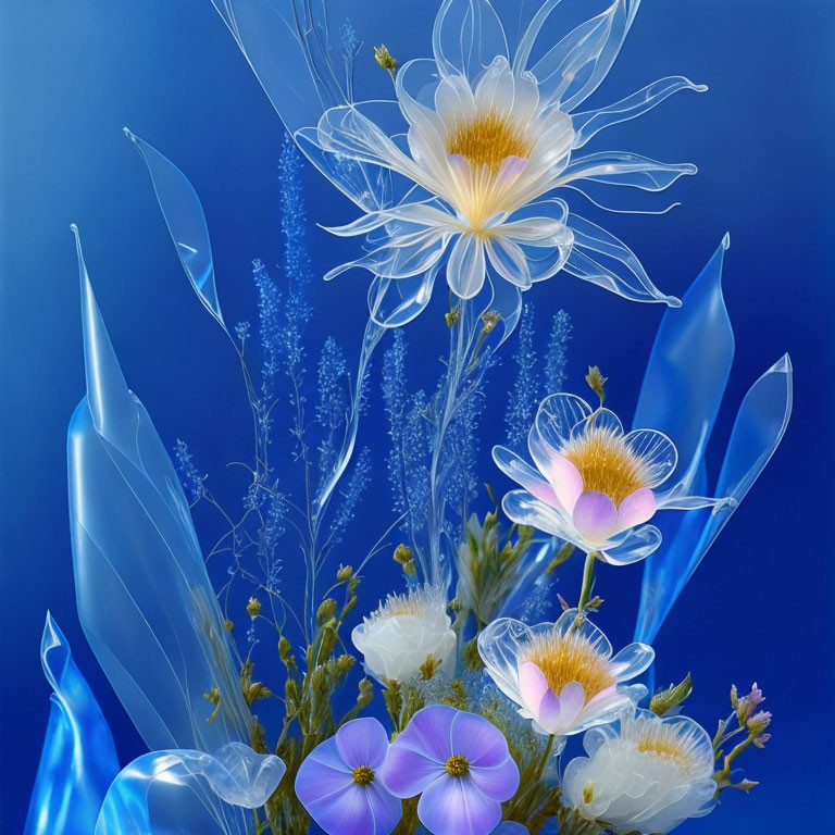 Translucent blue and white flowers on blue background