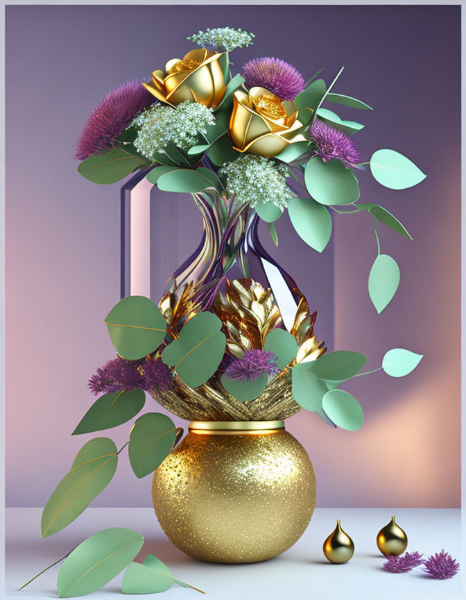 Decorative digital artwork: Gold vase, stylized flowers on purple backdrop