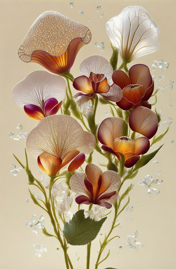 Digital artwork: Stylized flower bouquet with butterfly wing-like petals on pale background