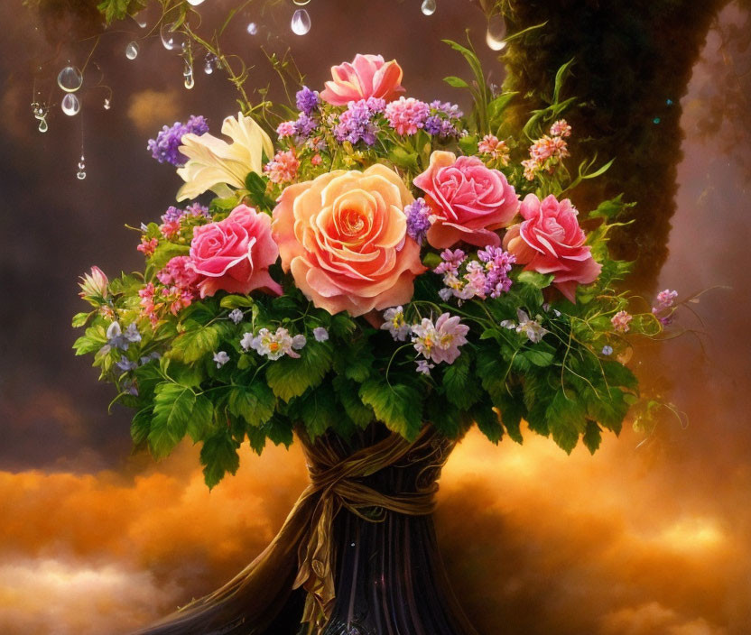 Colorful floral bouquet painting with roses and greenery on dreamy background
