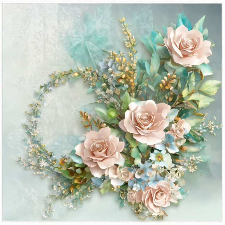 Circular floral arrangement with pastel roses and white flowers on pale background