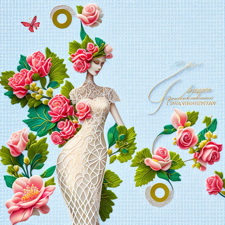 Elegant lady with floral headdress and dress in digital artwork