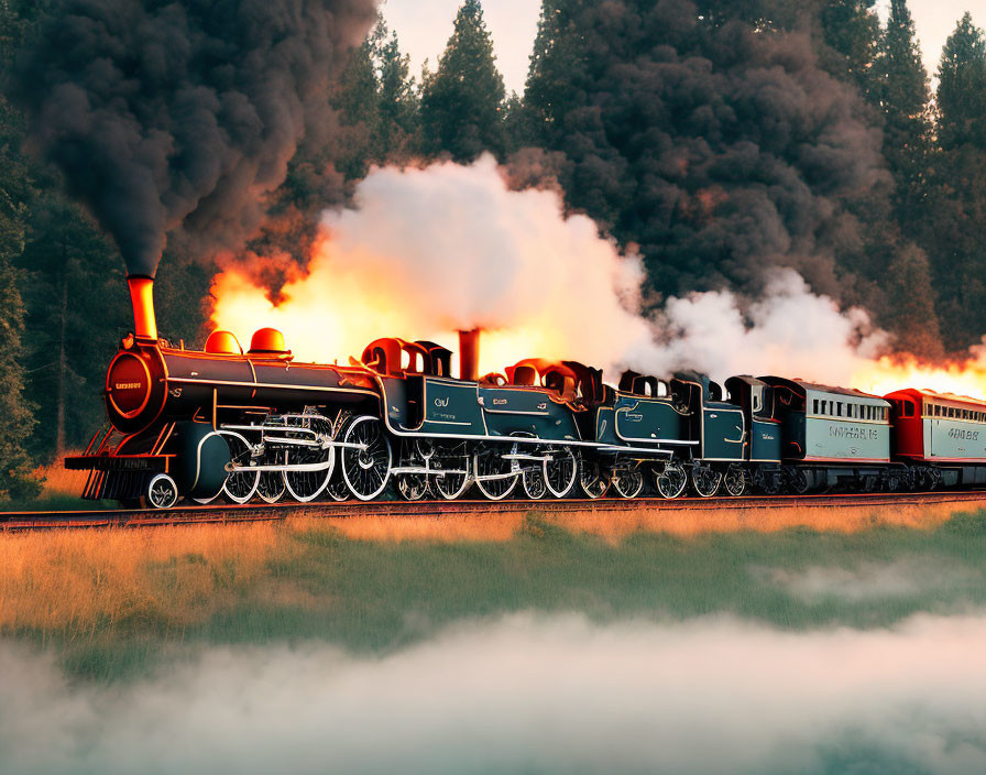 Vintage Steam Locomotive Pulling Passenger Cars Through Forest at Dusk