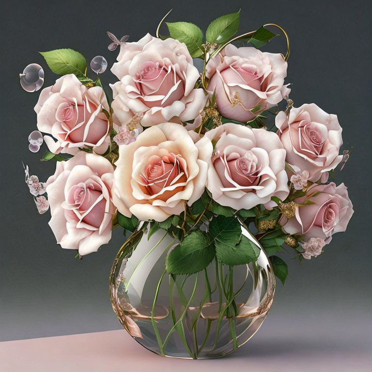 Pale Pink Roses Bouquet in Clear Glass Vase on Dark Background