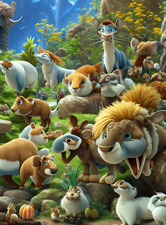 Diverse anthropomorphic animals in lush forest setting