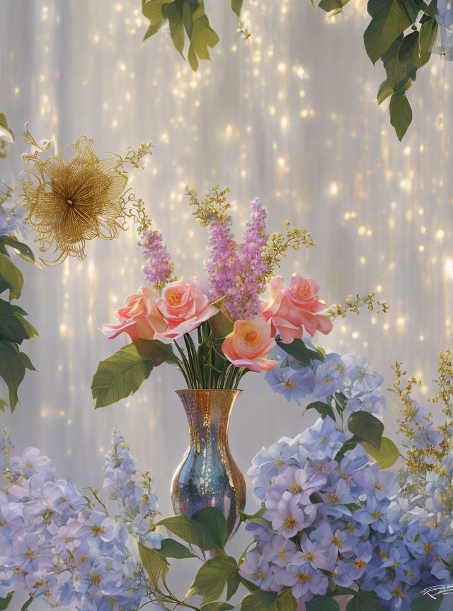 Floral arrangement with roses, lilacs, and hydrangeas under sparkling light.