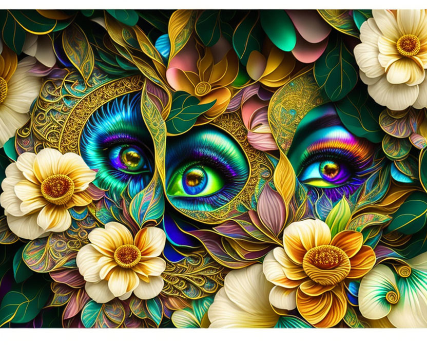 Digital Artwork: Luminous Eyes in Golden Floral Patterns