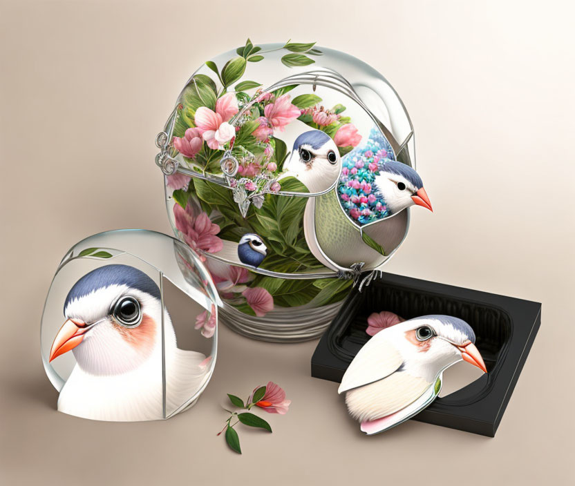 Colorful stylized birds and foliage on metallic containers against beige background
