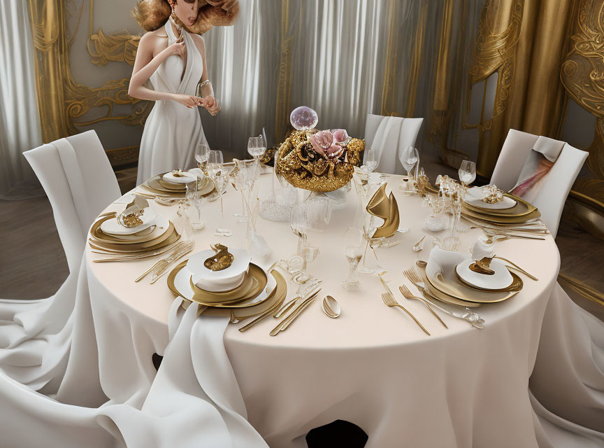 Luxurious Dining Setting with Gold and White Tableware and Crystal Glasses