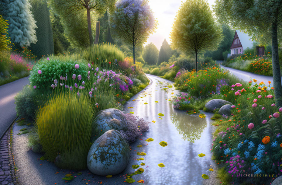 Scenic winding path with vibrant flowers and lush greenery by quaint house at sunrise or sunset