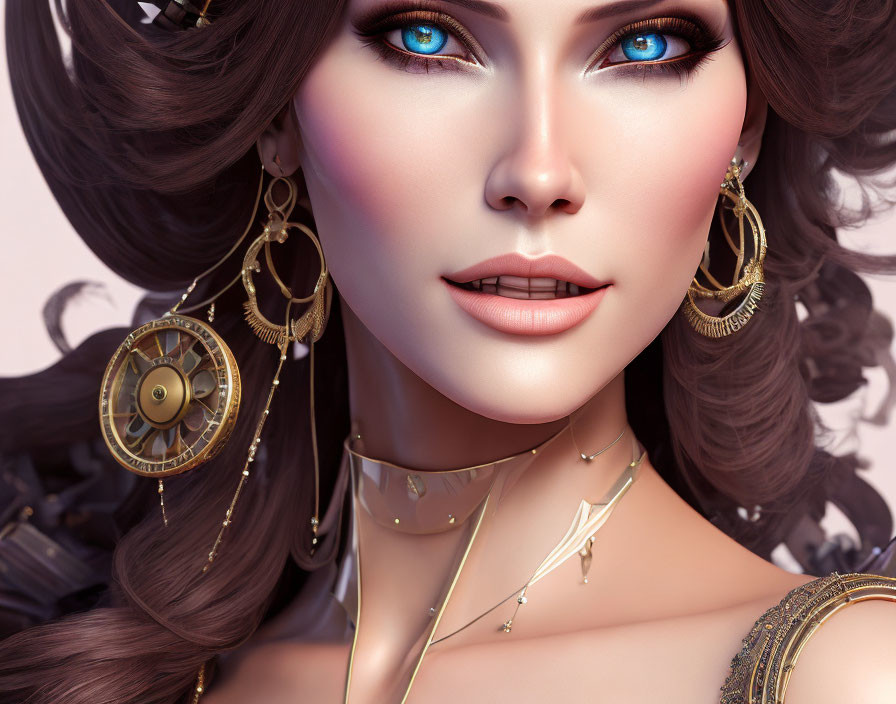 Close-up of 3D rendered woman with blue eyes and golden jewelry