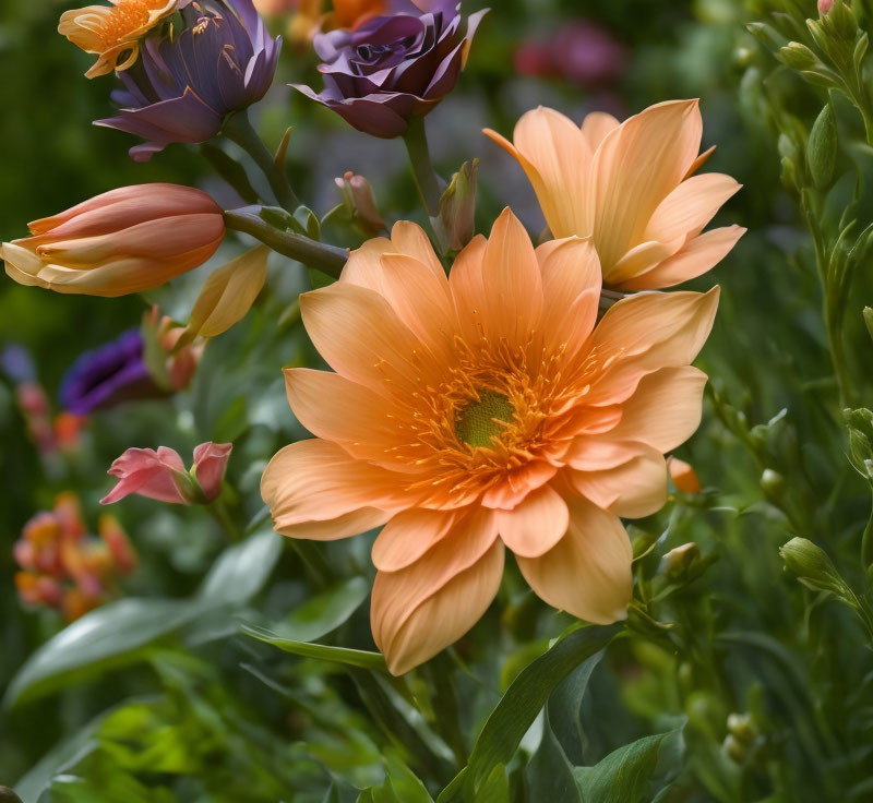 Vibrant Orange Flower Surrounded by Purple and Pink Blooms