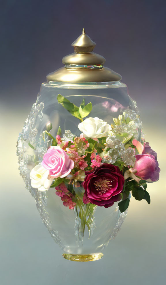 Glass urn with golden lid and floral bouquet on grey background