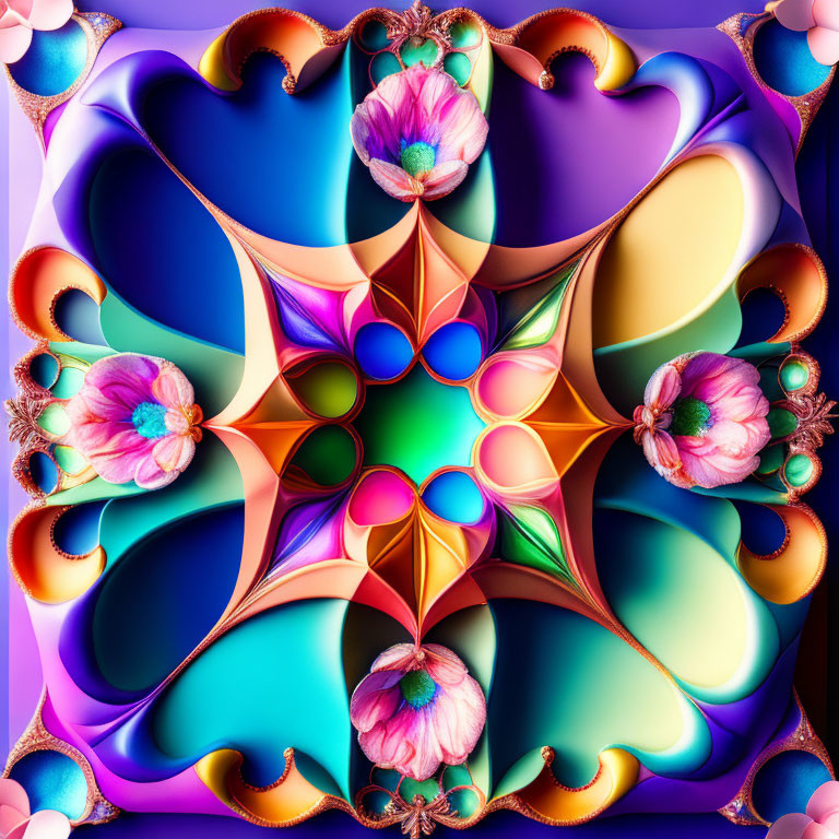 Symmetrical floral fractal image in purple, blue, and gold hues