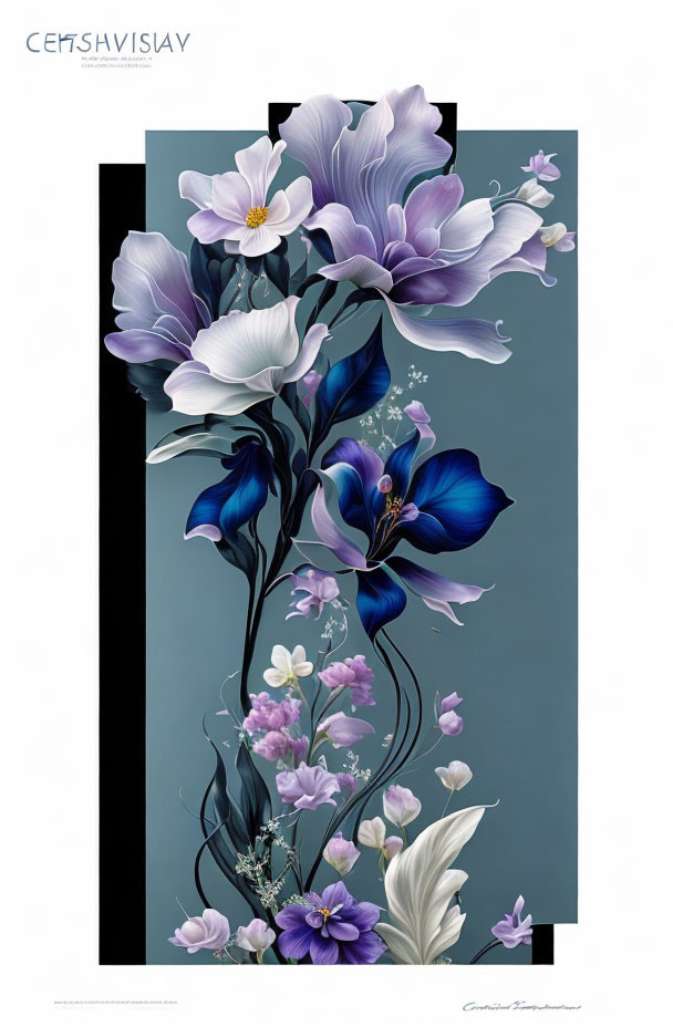 Floral arrangement in purple and blue hues on dark background