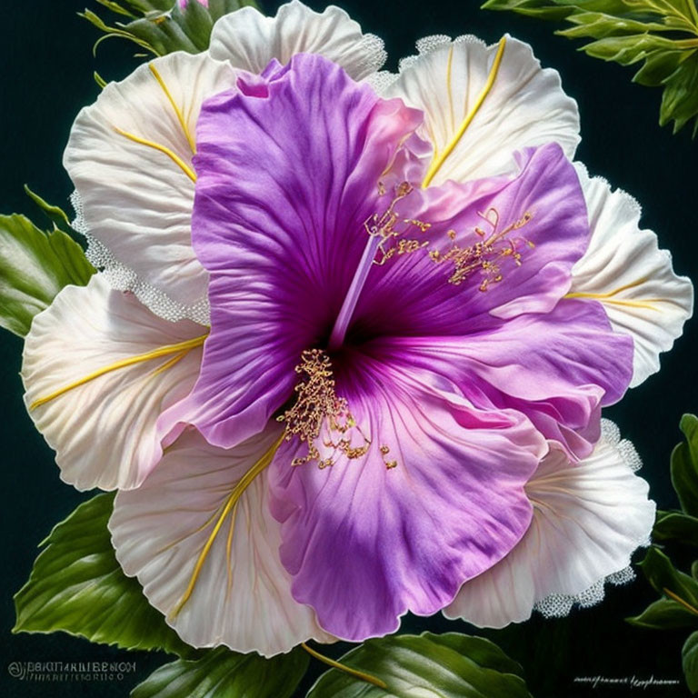 Close-up of purple and white hibiscus flower with yellow stigma